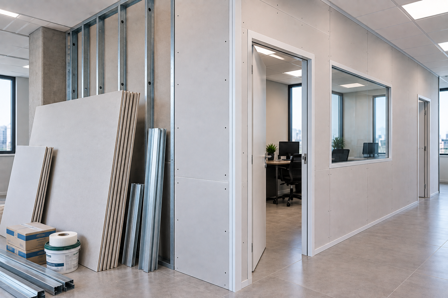 Divisória de drywall: chapa de gesso acartonado, guia, montante e porta
