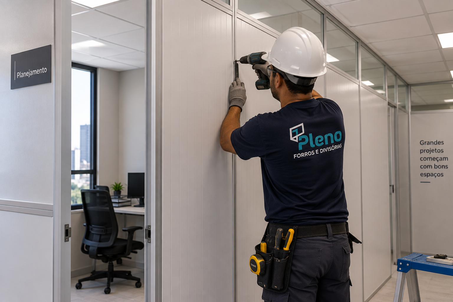 Instalação de divisória de PVC pela equipe Pleno