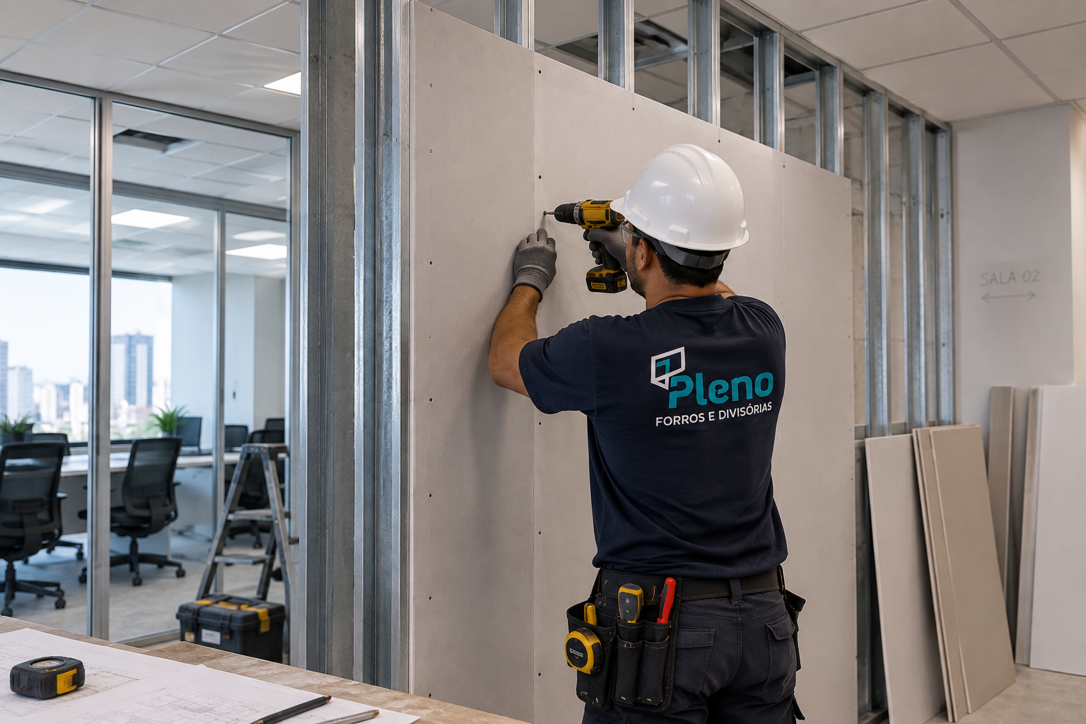 Instalação de drywall: chapa de gesso acartonado sendo parafusada na estrutura metálica pela equipe Pleno