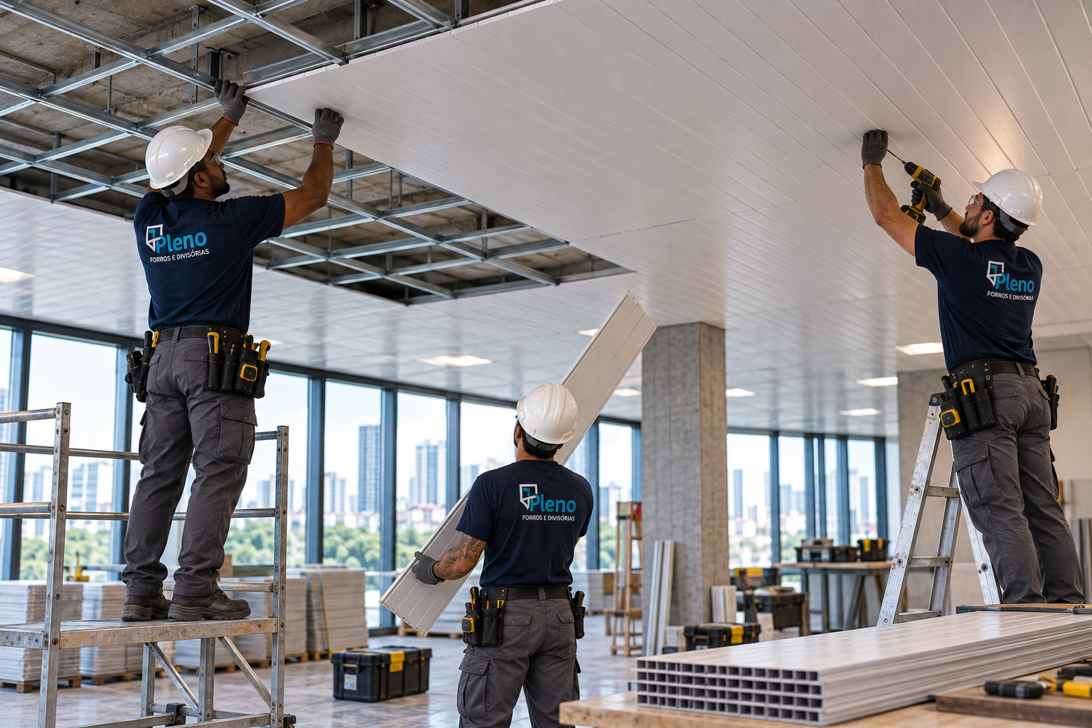 Equipe Pleno instalando forro de PVC: réguas na estrutura metálica, em Recife